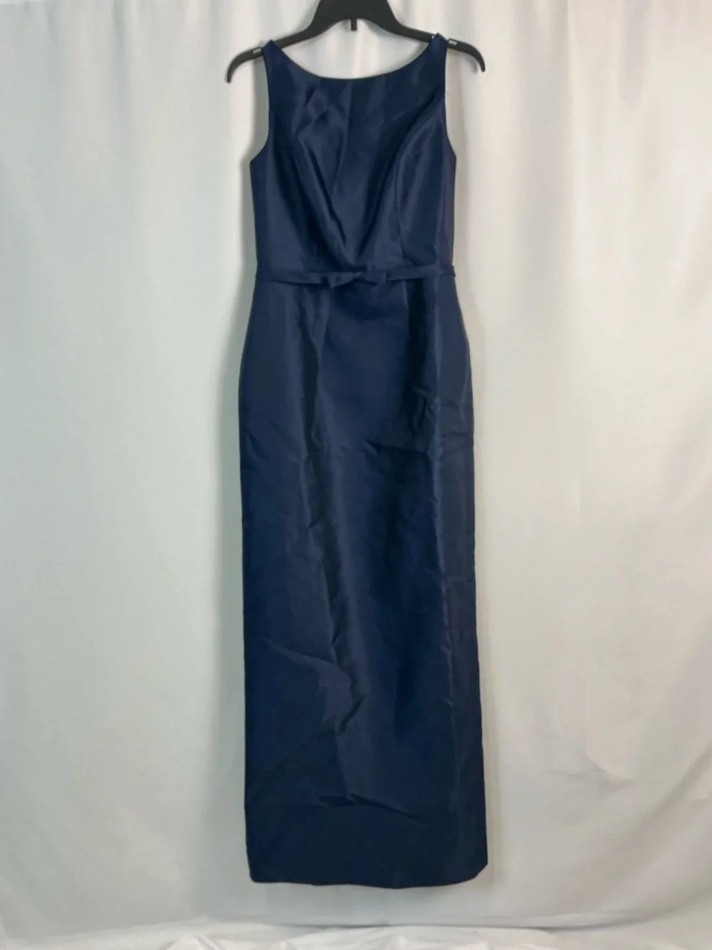 ALFRED SUNG Midnight Navy Satin Bateau Neck Column Gown - Picture 2 of 5